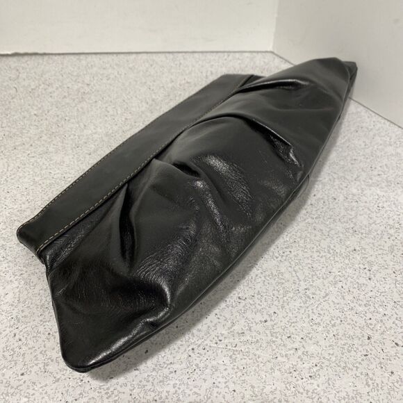 Vintage Y2K Fossil Black Leather Clutch Purse Metal Frame Satin Lining Topstitch - Picture 3 of 10